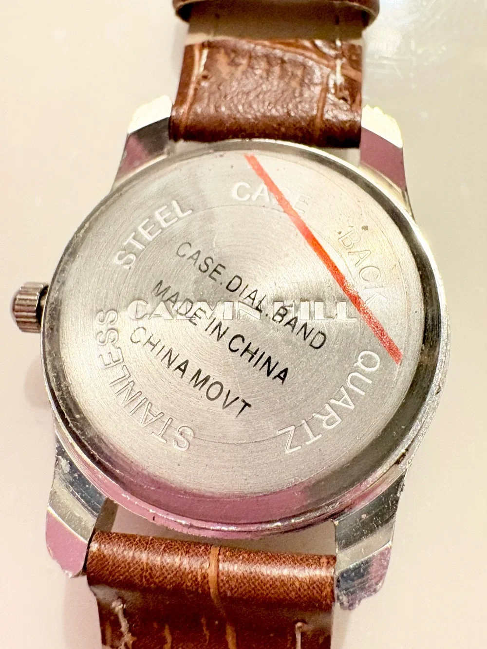 Men's Silver Case Watch with White Dial and Brown Leather Strap